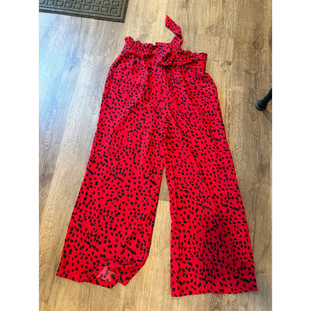 Red Black Animal Print Wide Leg Paperbag Waist Pants Tie Belt High Rise